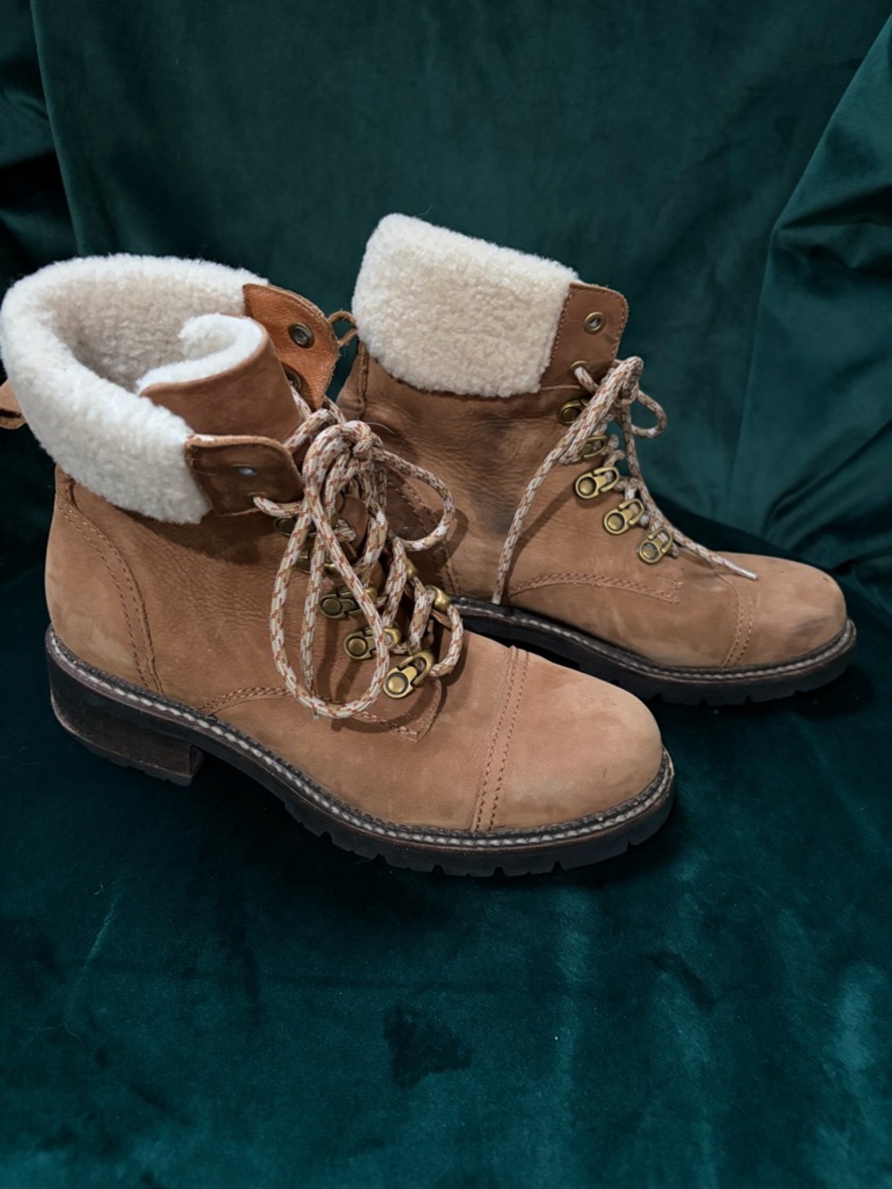 Frye Chestnut Suede Lace-Up Boots with Cream Shearling Collar